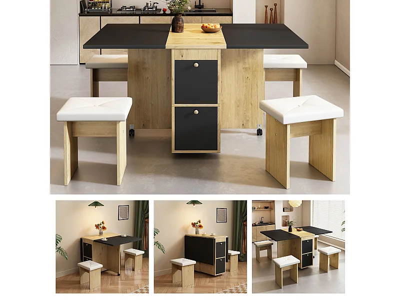 Conjunto de mesa e cadeiras extensíveis - 120 x 80 x 75 cm - com mesa dobrável + 4 cadeiras + 2 espaços de armazenamento - aglomerado + PU - preto