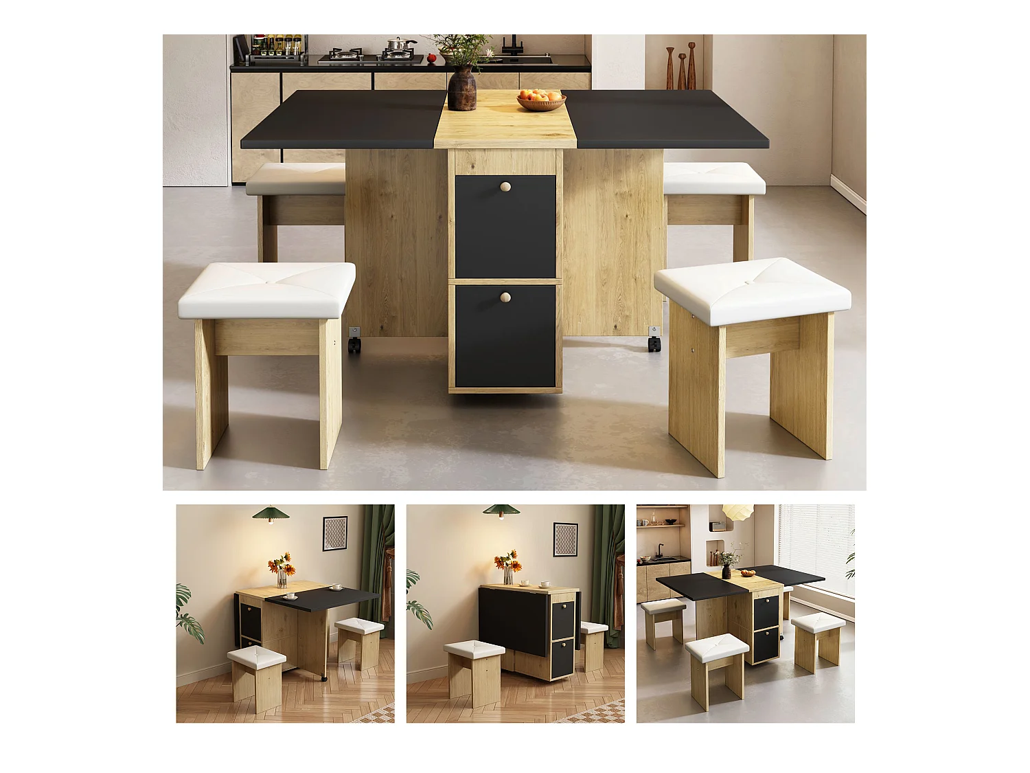 Ensemble table extensible et chaises - 120 x 80 x 75 cm - avec table pliable + 4 chaises + 2 rangements - aggloméré + PU - noir