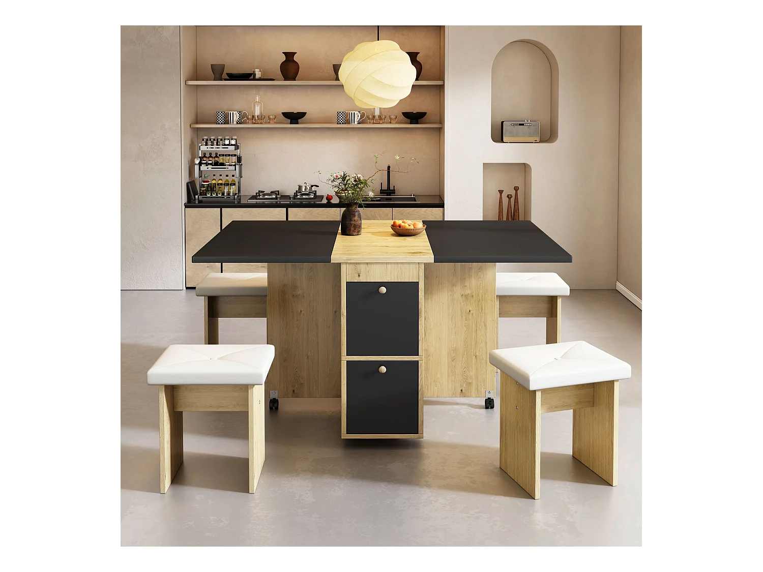 Ensemble table extensible et chaises - 120 x 80 x 75 cm - avec table pliable + 4 chaises + 2 rangements - aggloméré + PU - noir