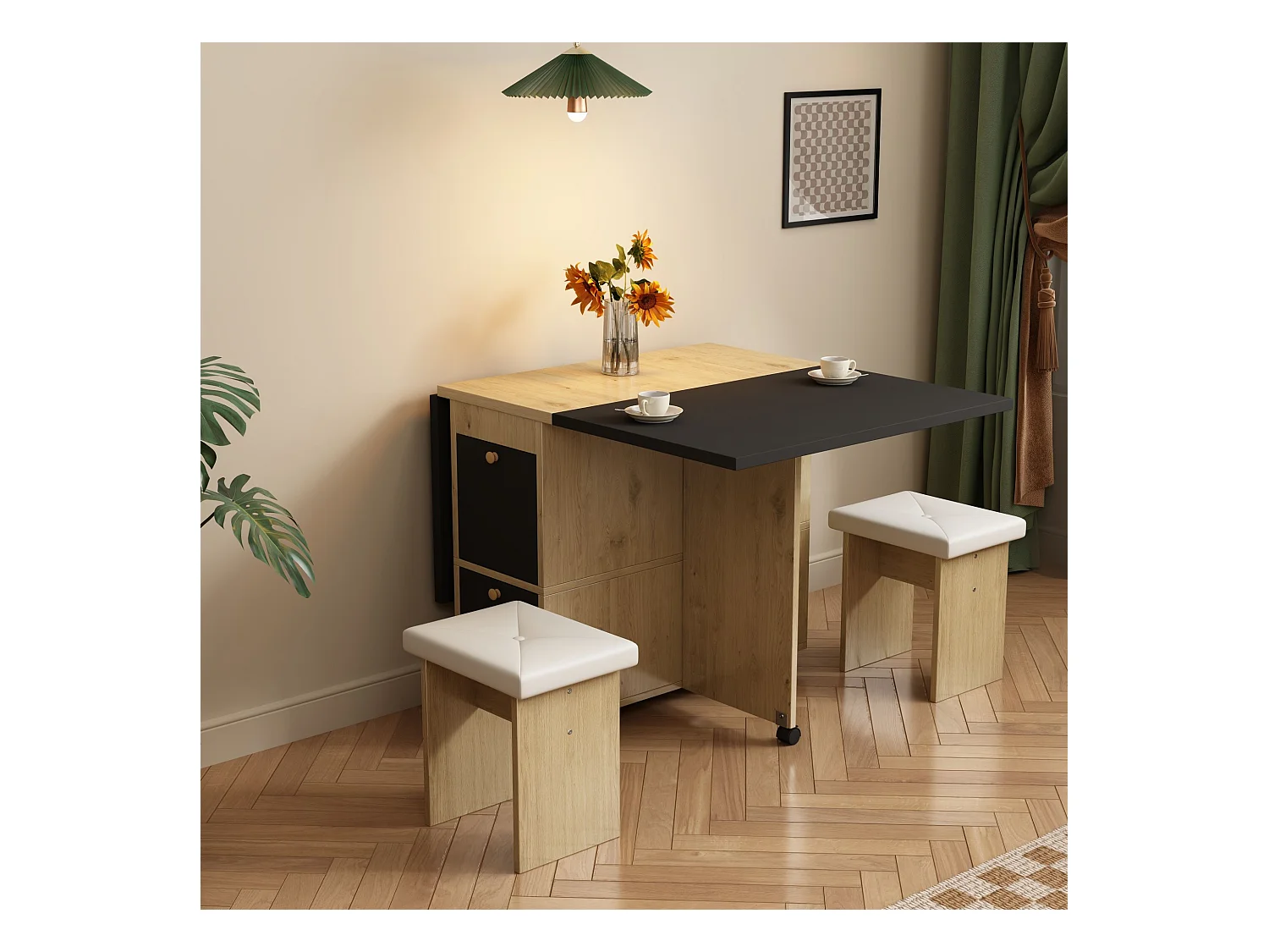 Ensemble table extensible et chaises - 120 x 80 x 75 cm - avec table pliable + 4 chaises + 2 rangements - aggloméré + PU - noir