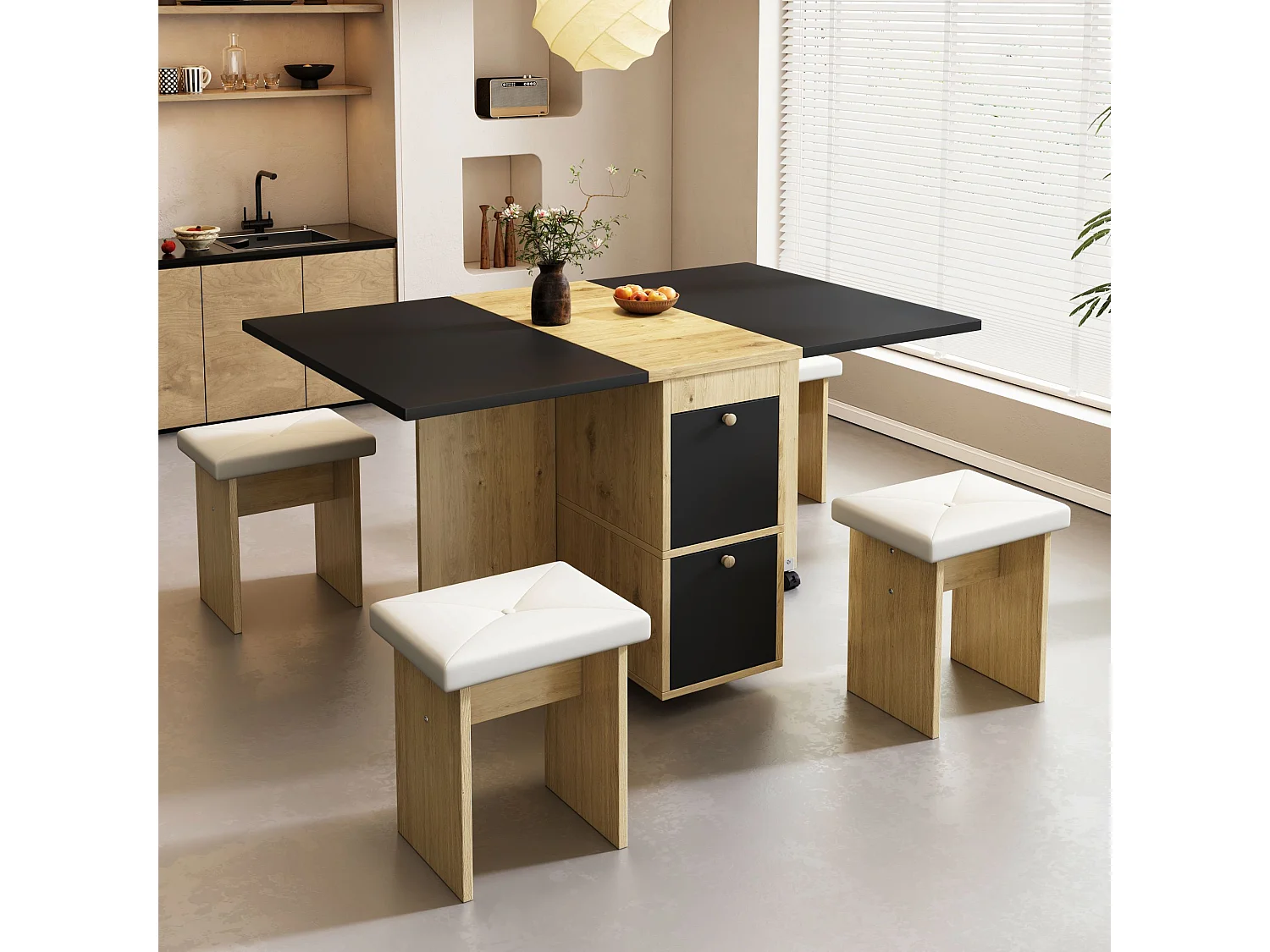 Uitschuifbare tafel en stoelenset - 120 x 80 x 75 cm - met opklapbare tafel + 4 stoelen + 2 opbergvakken - spaanplaat + PU - zwart