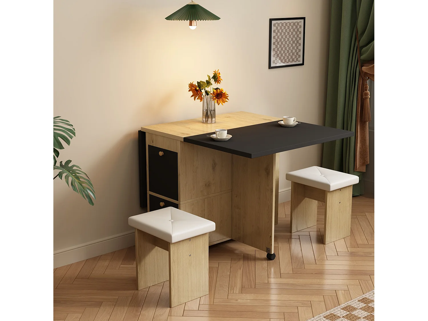 Uitschuifbare tafel en stoelenset - 120 x 80 x 75 cm - met opklapbare tafel + 4 stoelen + 2 opbergvakken - spaanplaat + PU - zwart
