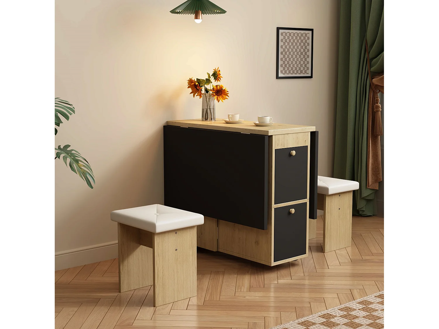 Uitschuifbare tafel en stoelenset - 120 x 80 x 75 cm - met opklapbare tafel + 4 stoelen + 2 opbergvakken - spaanplaat + PU - zwart