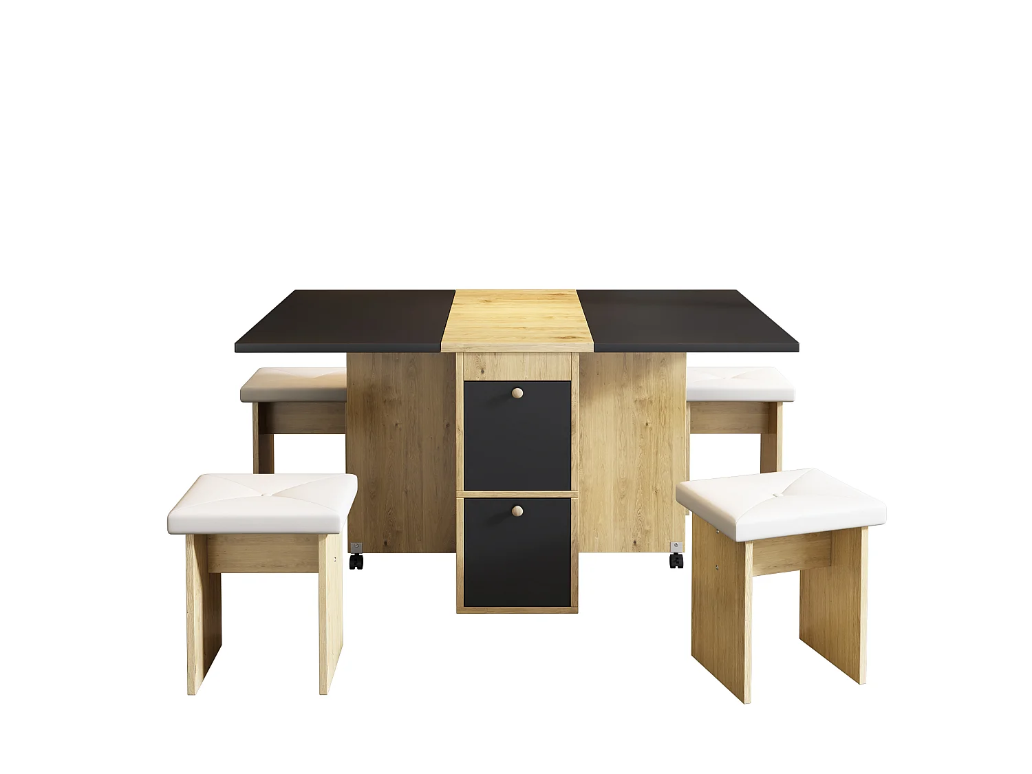 Uitschuifbare tafel en stoelenset - 120 x 80 x 75 cm - met opklapbare tafel + 4 stoelen + 2 opbergvakken - spaanplaat + PU - zwart