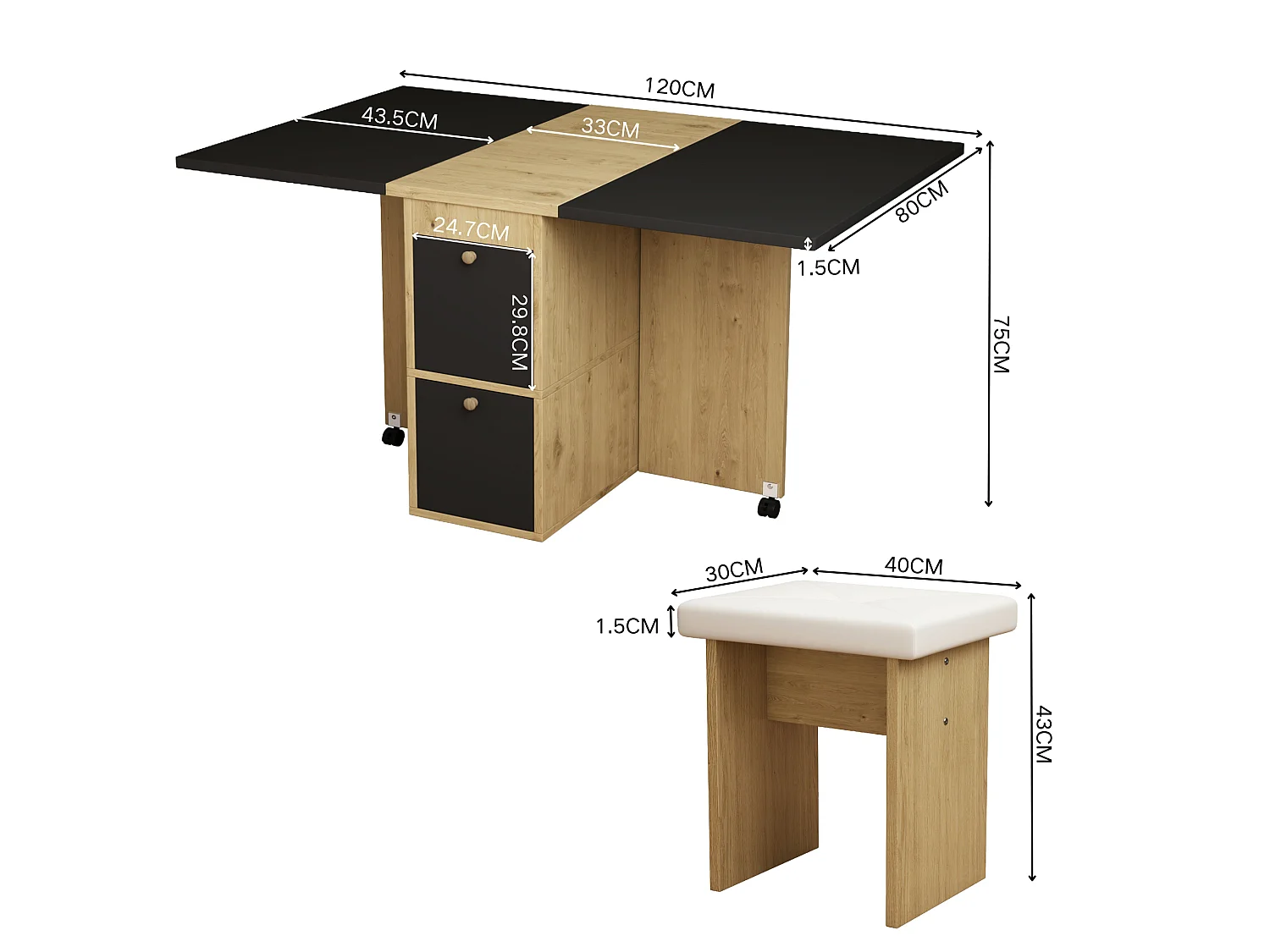 Uitschuifbare tafel en stoelenset - 120 x 80 x 75 cm - met opklapbare tafel + 4 stoelen + 2 opbergvakken - spaanplaat + PU - zwart