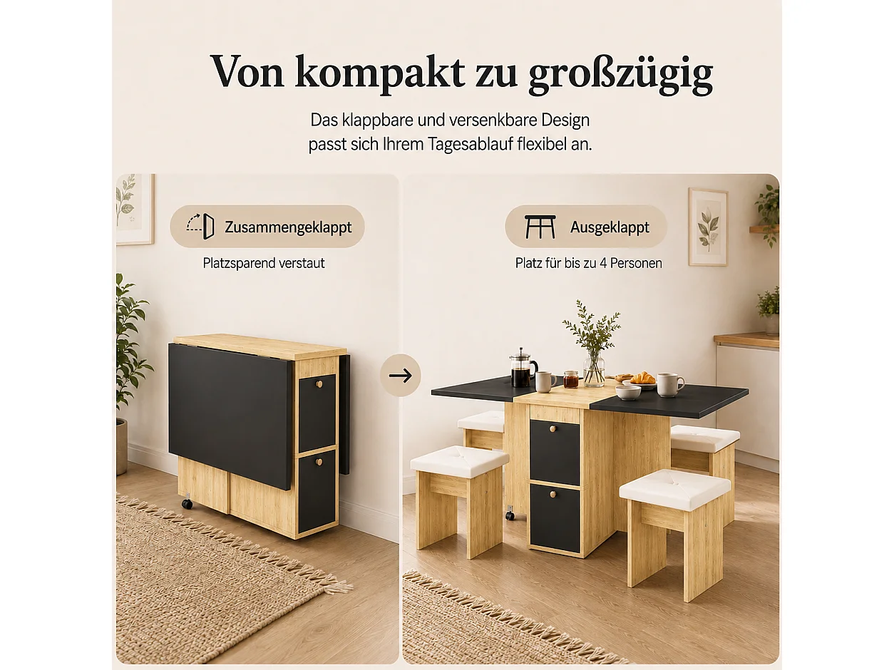 Uitschuifbare tafel en stoelenset - 120 x 80 x 75 cm - met opklapbare tafel + 4 stoelen + 2 opbergvakken - spaanplaat + PU - zwart
