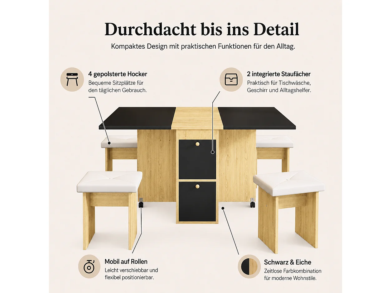 Uitschuifbare tafel en stoelenset - 120 x 80 x 75 cm - met opklapbare tafel + 4 stoelen + 2 opbergvakken - spaanplaat + PU - zwart