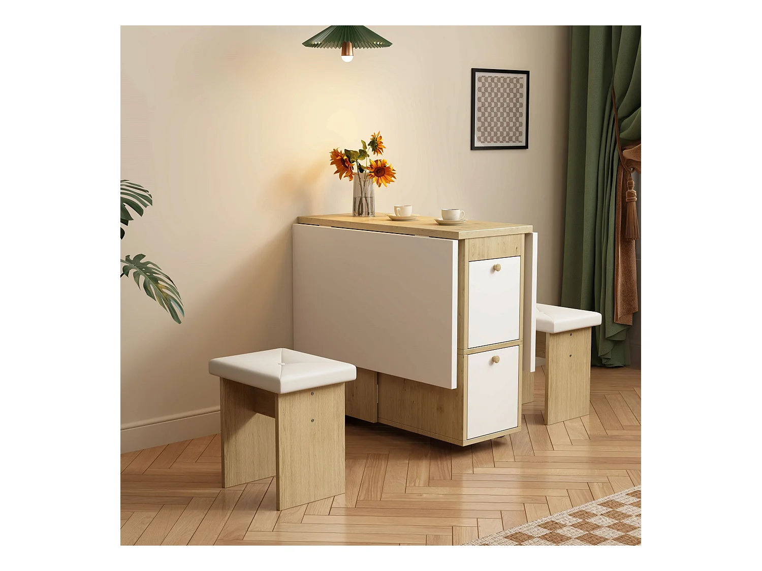 Set tavolo e sedie allungabili - 120 x 80 x 75 cm - con tavolo pieghevole + 4 sedie + 2 vani portaoggetti - truciolato + PU - bianco