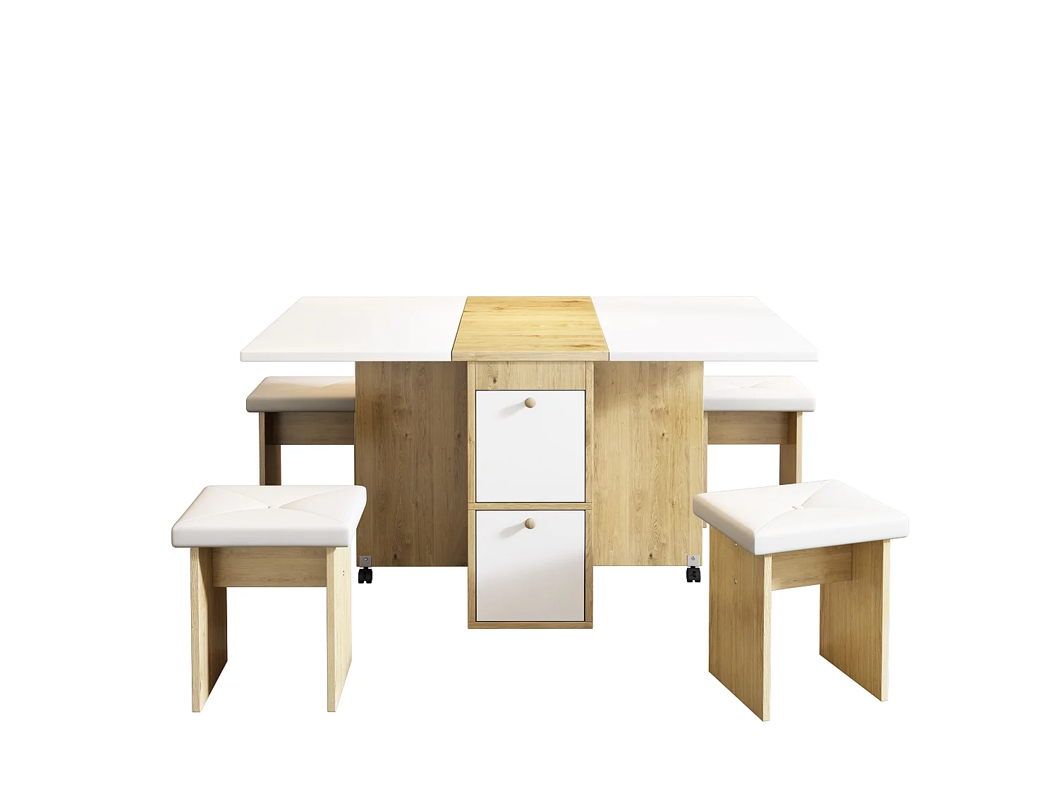 Ensemble table extensible et chaises - 120 x 80 x 75 cm - avec table pliable + 4 chaises + 2 rangements - aggloméré + PU - blanc