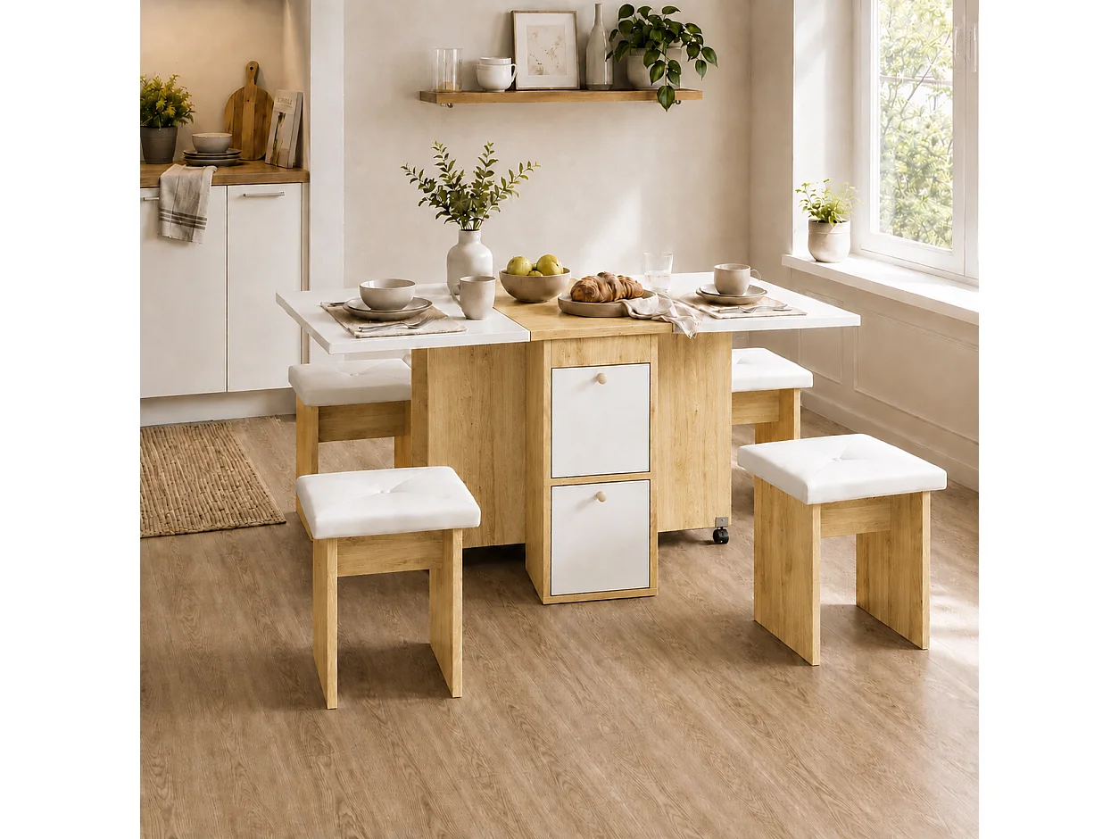 Ensemble table extensible et chaises - 120 x 80 x 75 cm - avec table pliable + 4 chaises + 2 rangements - aggloméré + PU - blanc
