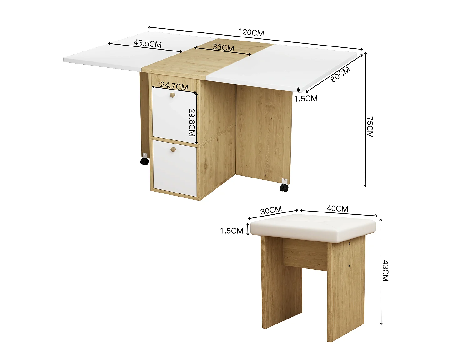 Ensemble table extensible et chaises - 120 x 80 x 75 cm - avec table pliable + 4 chaises + 2 rangements - aggloméré + PU - blanc