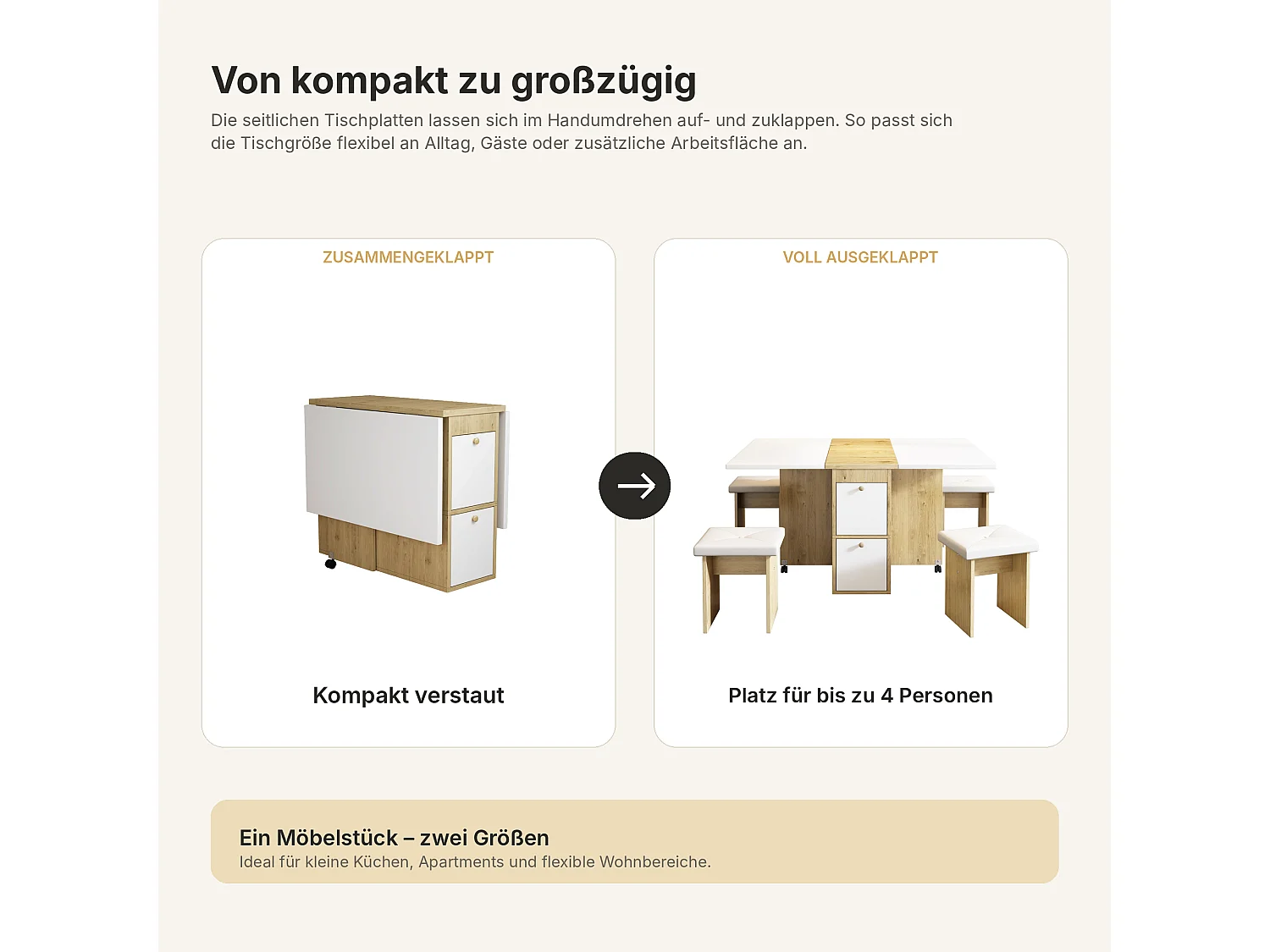 Ensemble table extensible et chaises - 120 x 80 x 75 cm - avec table pliable + 4 chaises + 2 rangements - aggloméré + PU - blanc