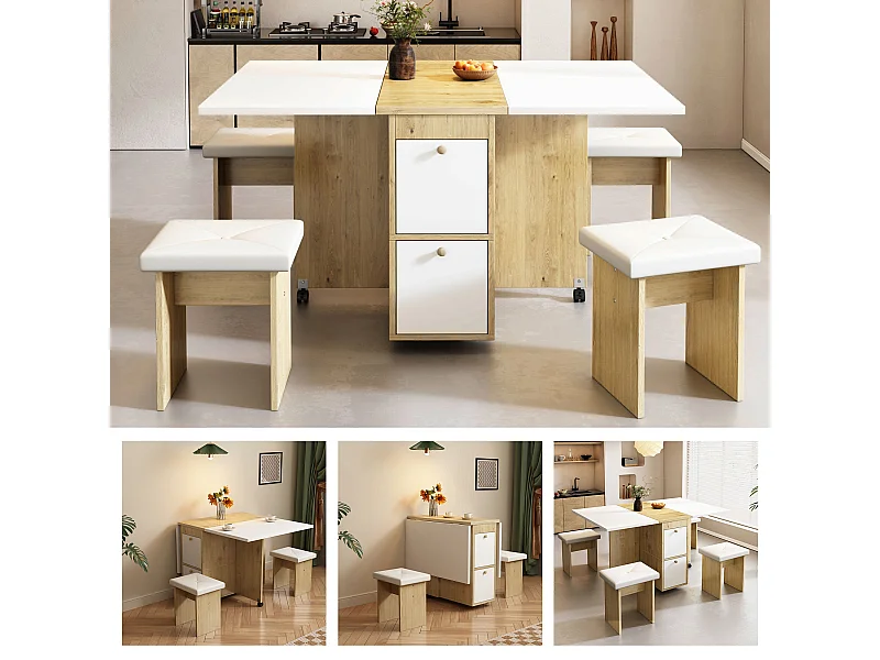 Ensemble table extensible et chaises - 120 x 80 x 75 cm - avec table pliable + 4 chaises + 2 rangements - aggloméré + PU - blanc