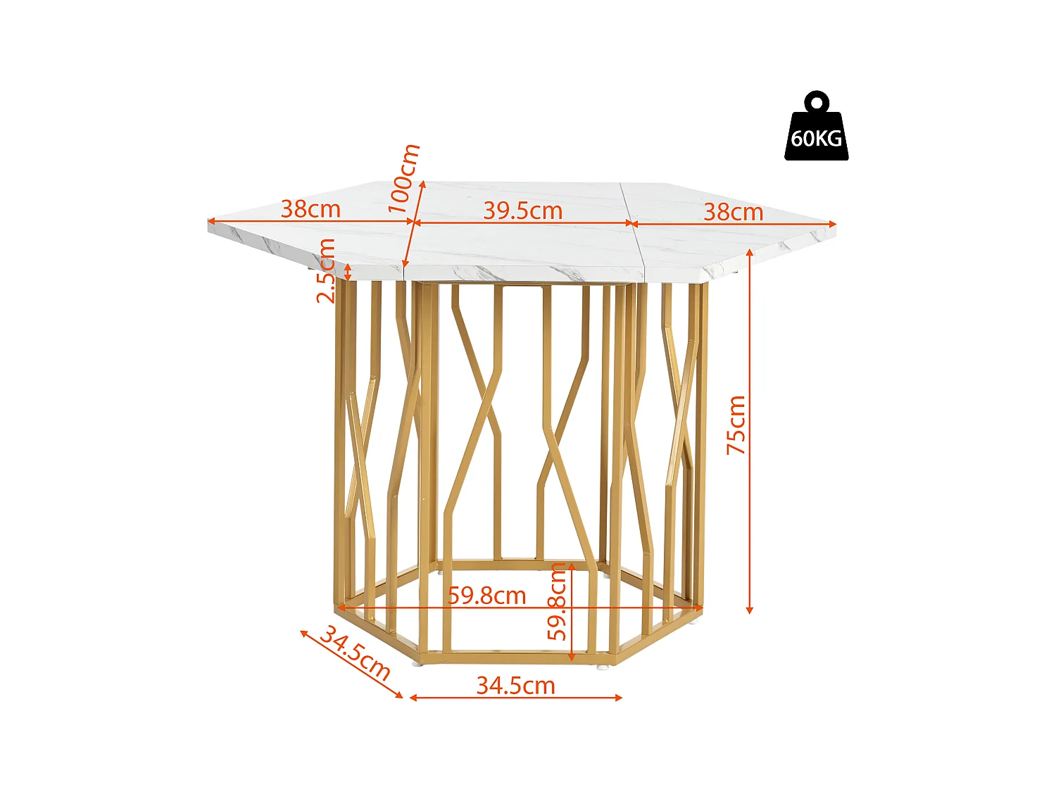 Set tavolo e sedie da pranzo - 115,5 x 100 x 75 cm - 1 tavolo esagonale con gambe dorate + 4 sedie - MDF + acciaio - oro + grigio