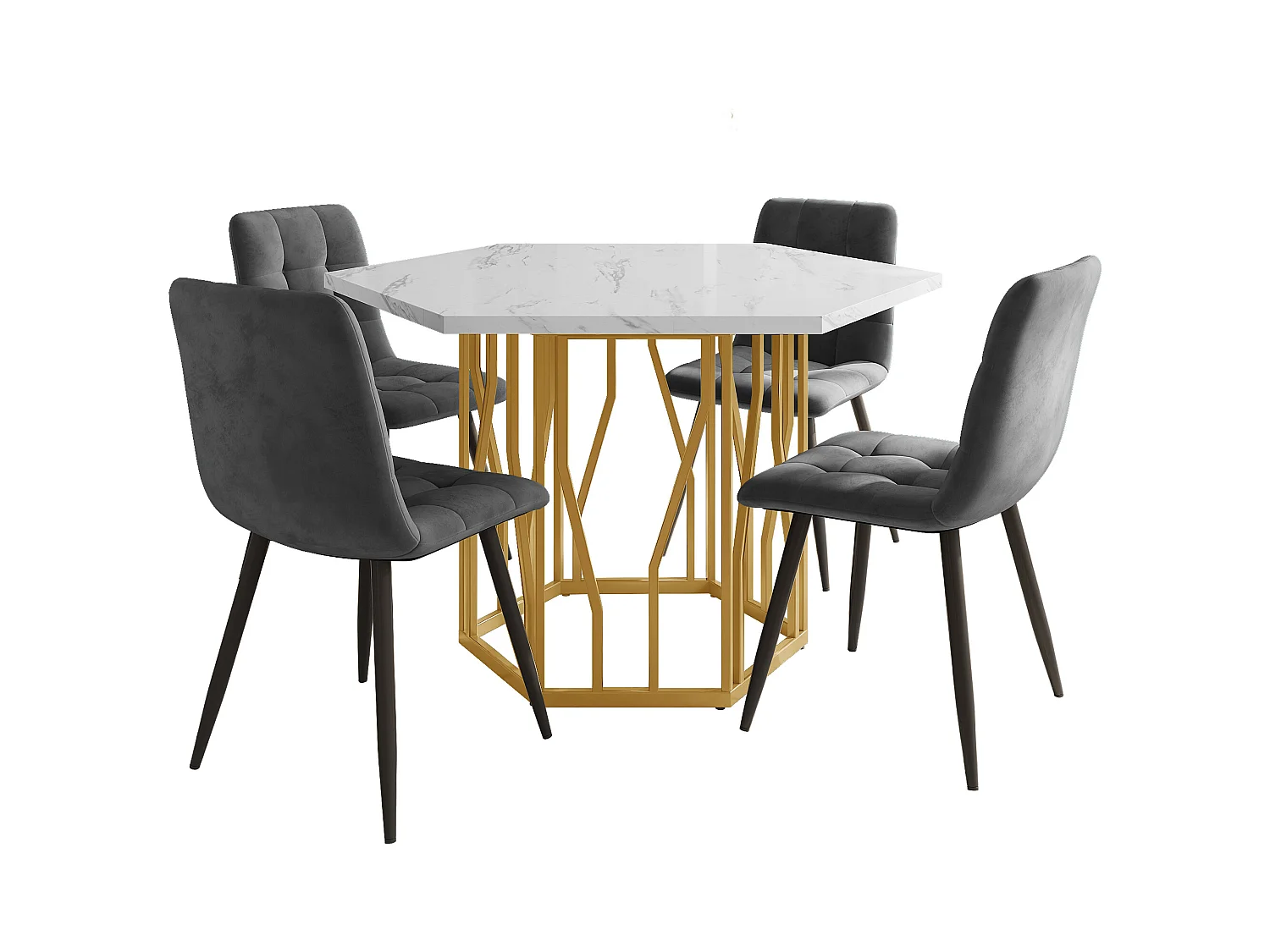 Conjunto de mesa e cadeiras de jantar - 115,5 x 100 x 75 cm - 1 mesa hexagonal com pés dourados + 4 cadeiras - MDF + Aço - dourado + cinza