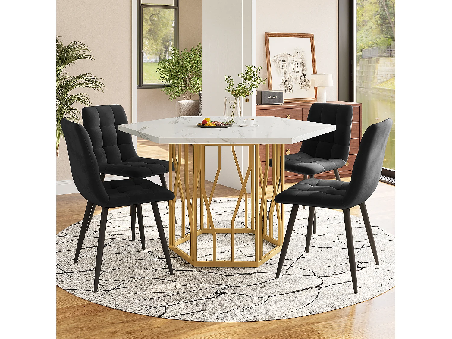 Conjunto de mesa e cadeiras de jantar - 115,5 x 100 x 75 cm - 1 mesa hexagonal com pés dourados + 4 cadeiras - MDF + Aço - dourado + preto