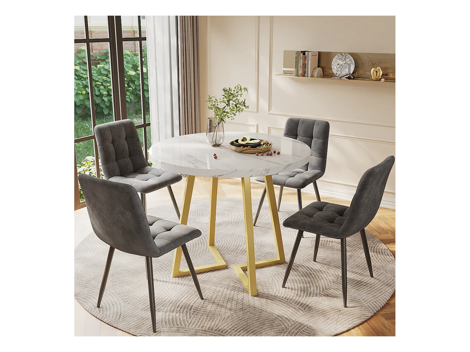 Eettafelset - 80 x 58,7 x 75 cm - 1 tafel met 4 stoelen - gouden metalen poten - fluweel + metaal + MDF - wit + grijs