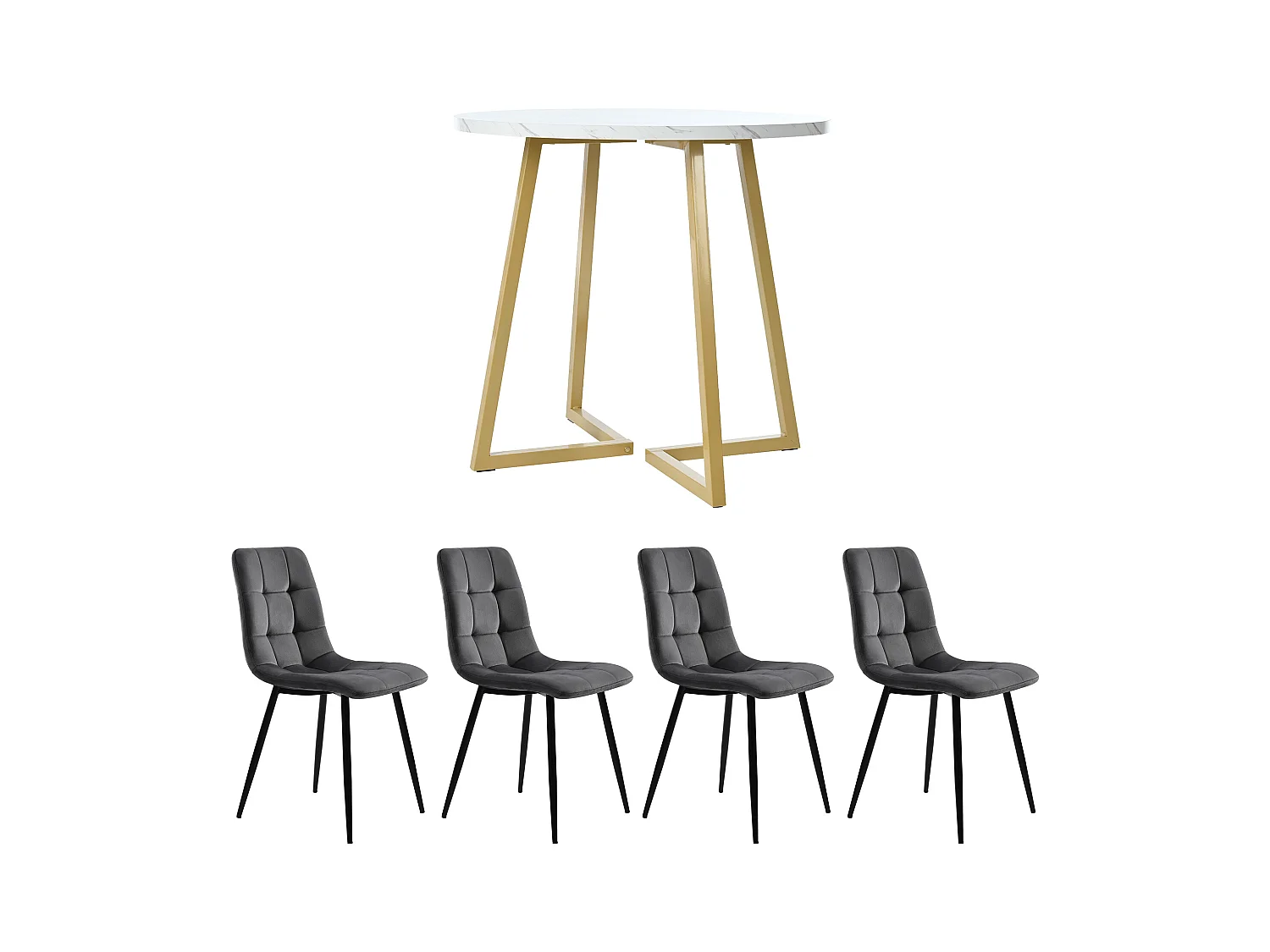 Eettafelset - 80 x 58,7 x 75 cm - 1 tafel met 4 stoelen - gouden metalen poten - fluweel + metaal + MDF - wit + grijs