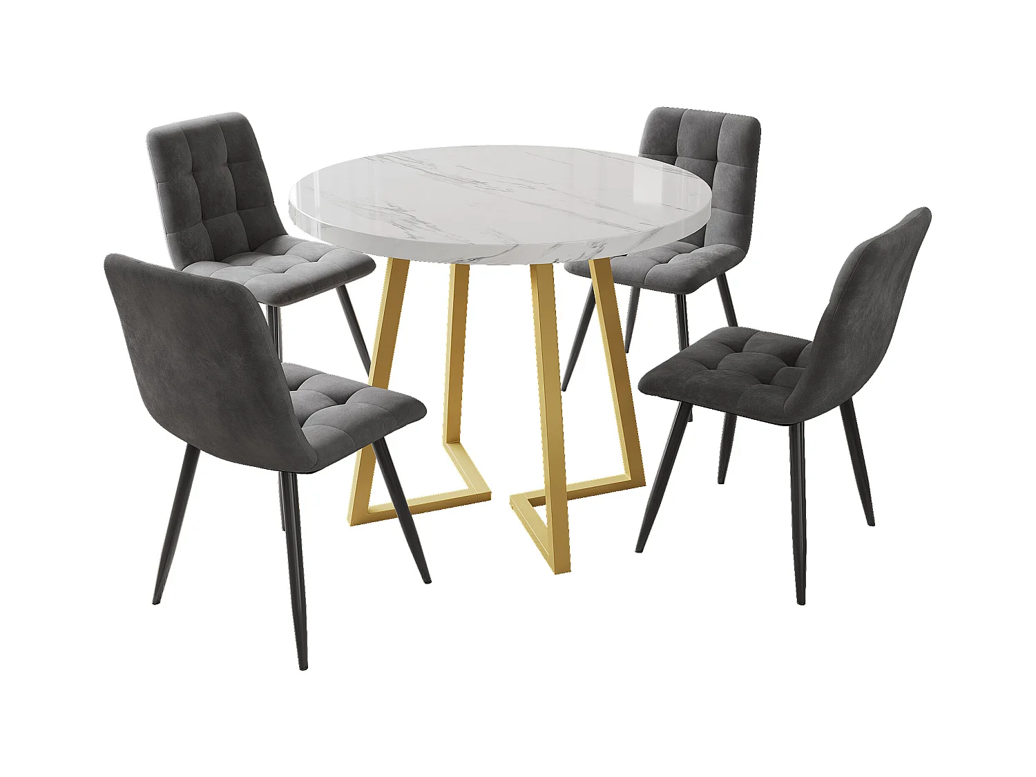 Esstisch-Set - 80 x 58,7 x 75 cm - 1 Tisch mit 4 Stühlen - goldene Metallbeine - Samt + Metall + MDF - weiß + grau