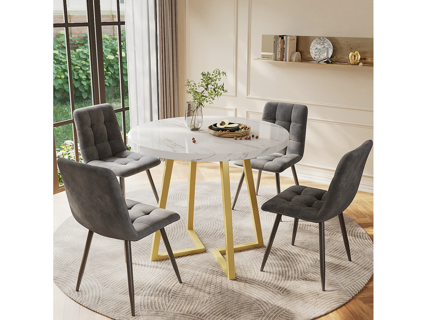 Ensemble de table à manger - 80 x 58.7 x 75 cm - 1 table avec 4 chaises - pieds en métal doré - Velours + métal + MDF - blanc + gris