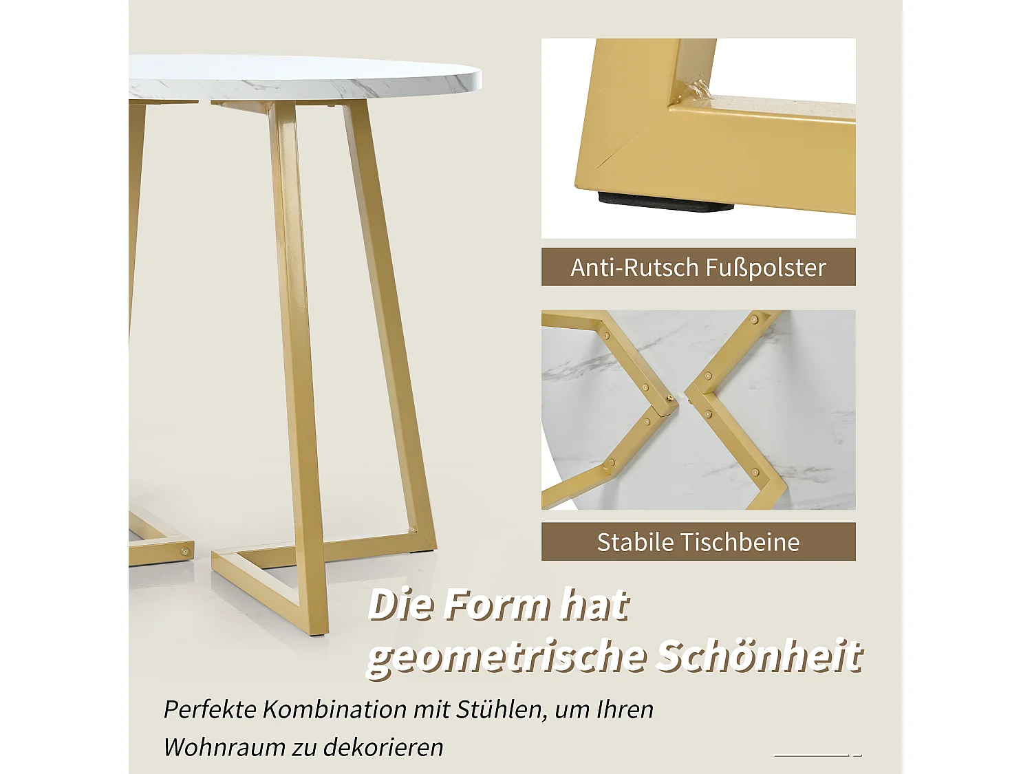 Ensemble de table à manger - 80 x 58.7 x 75 cm - 1 table avec 4 chaises - pieds en métal doré - Velours + métal + MDF - blanc + gris