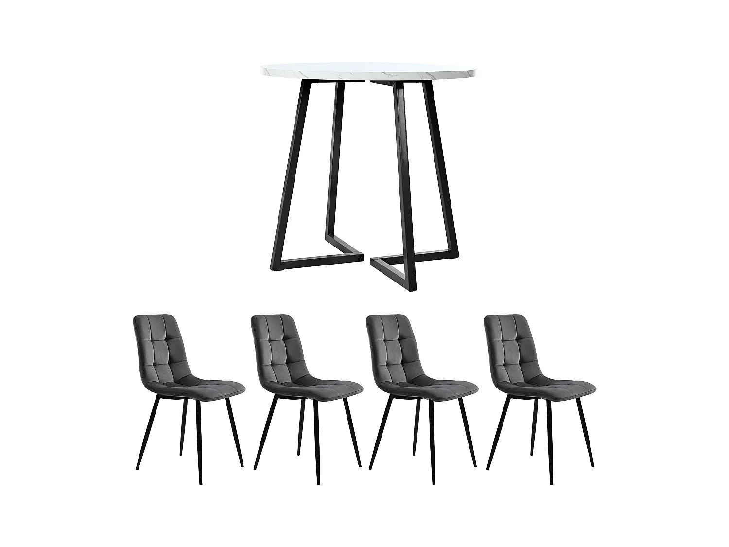 Esstisch-Set - 80 x 58,7 x 75 cm - 1 Tisch mit 4 Stühlen - schwarze Metallbeine - Samt + Metall + MDF - weiß + grau