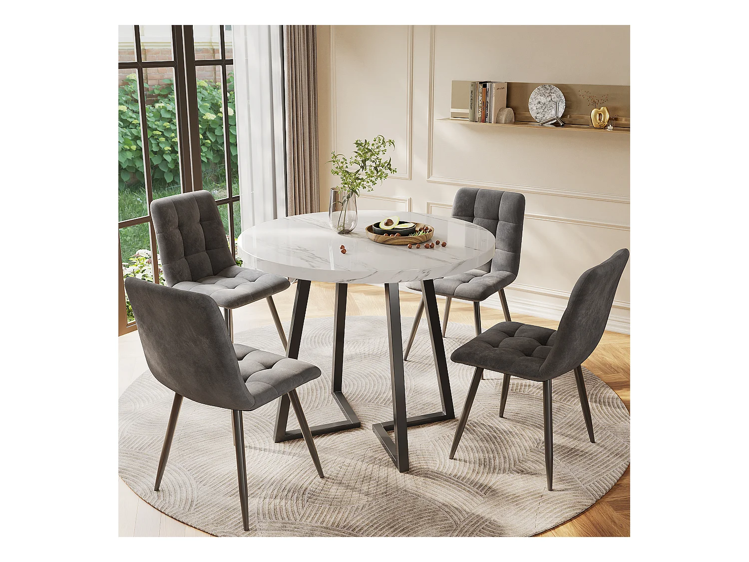 Ensemble de table à manger - 80 x 58.7 x 75 cm - 1 table avec 4 chaises - pieds en métal noir - Velours + métal + MDF - blanc + gris