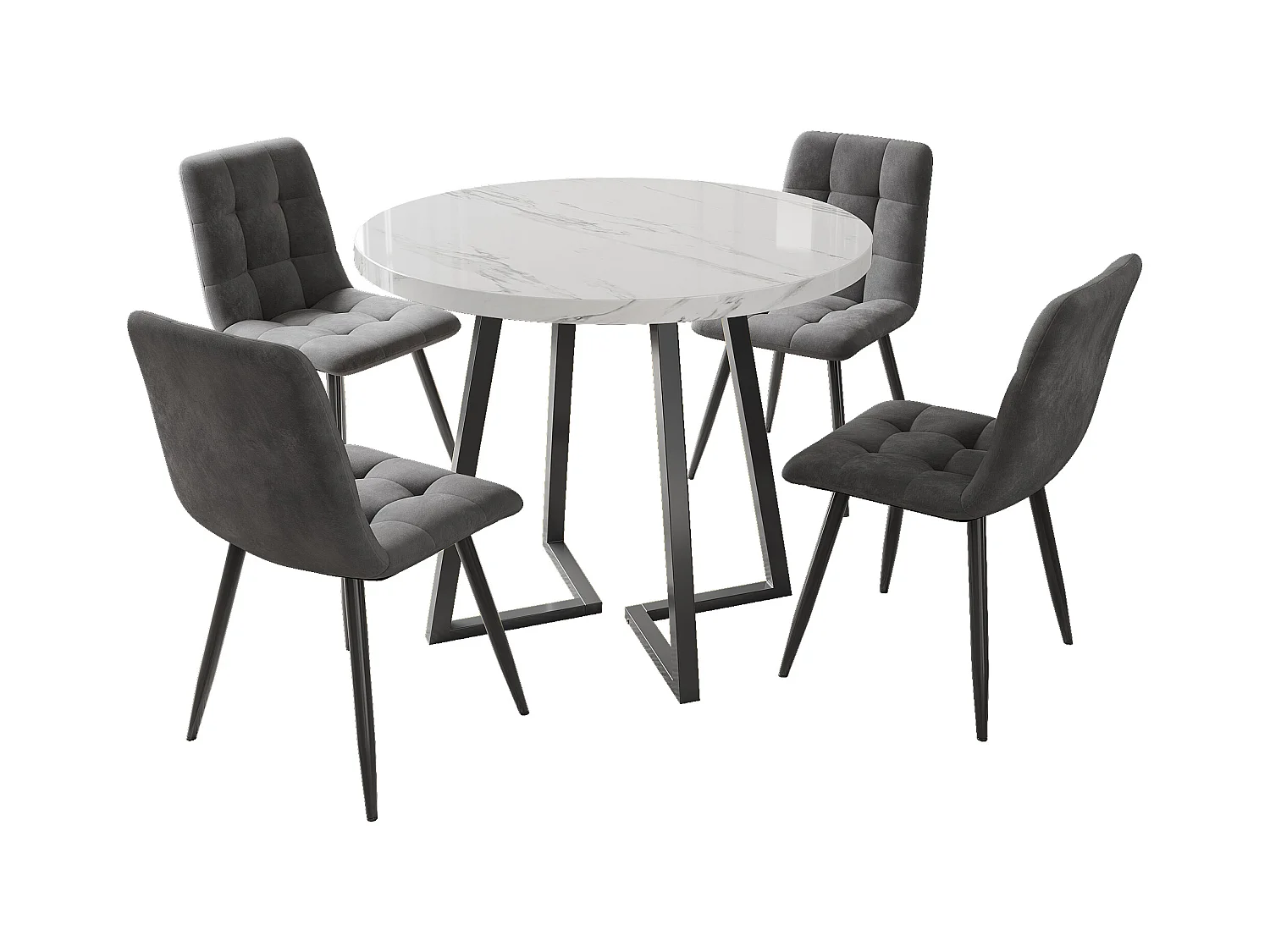 Ensemble de table à manger - 80 x 58.7 x 75 cm - 1 table avec 4 chaises - pieds en métal noir - Velours + métal + MDF - blanc + gris