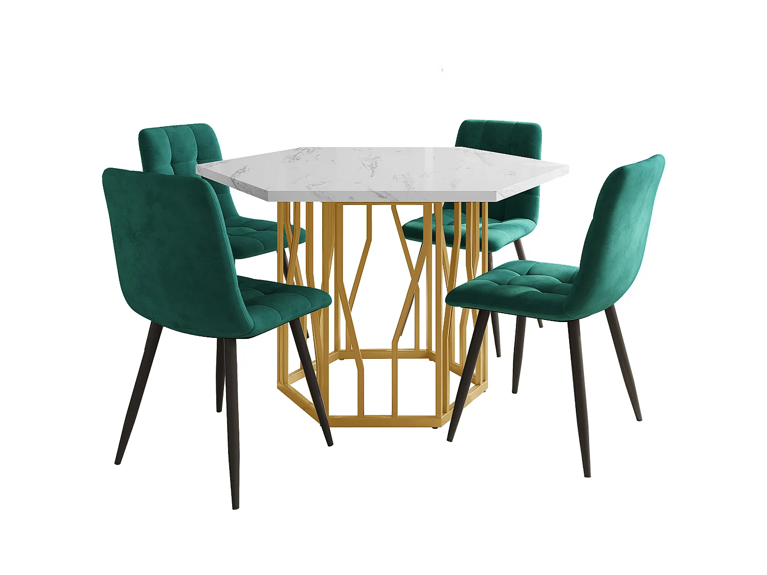 Set tavolo e sedie da pranzo - 115,5 x 100 x 75 cm - 1 tavolo esagonale con gambe dorate + 4 sedie - MDF + acciaio - oro + verde