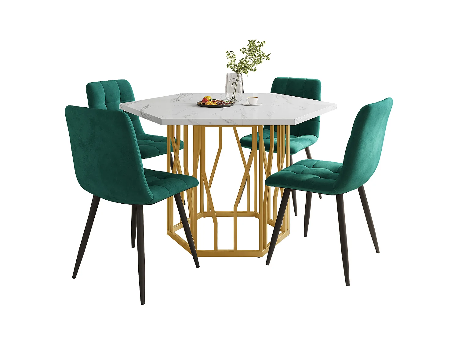 Set tavolo e sedie da pranzo - 115,5 x 100 x 75 cm - 1 tavolo esagonale con gambe dorate + 4 sedie - MDF + acciaio - oro + verde