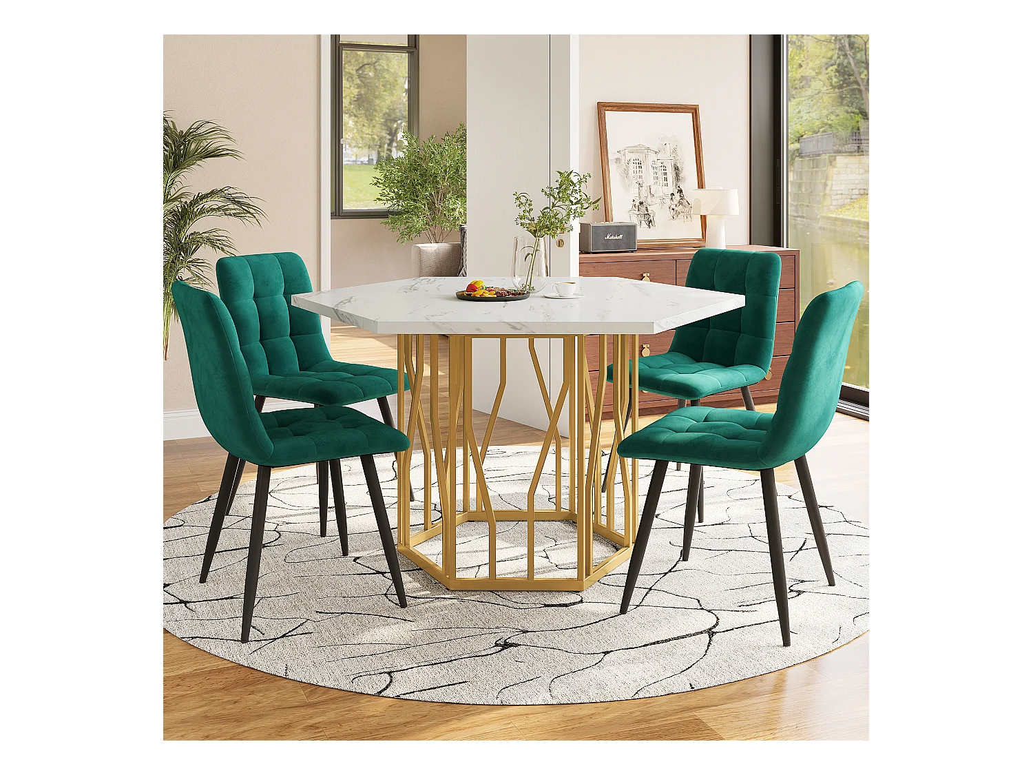 Ensemble table et chaises à manger -  115.5 x 100 x 75 cm - 1 table hexagonale avec pieds dorée+ 4 chaises - MDF+ Acier - or + vert