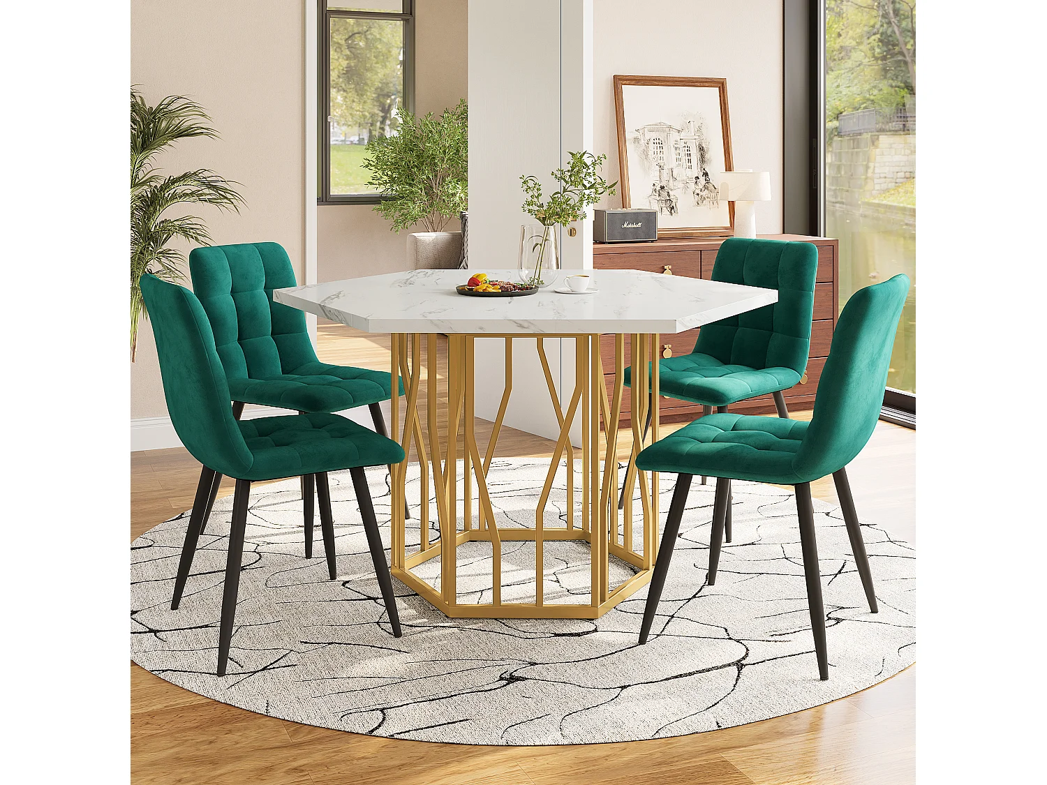 Conjunto de mesa y sillas de comedor - 115,5 x 100 x 75 cm - 1 mesa hexagonal con patas doradas + 4 sillas - MDF + Acero - dorado + verde