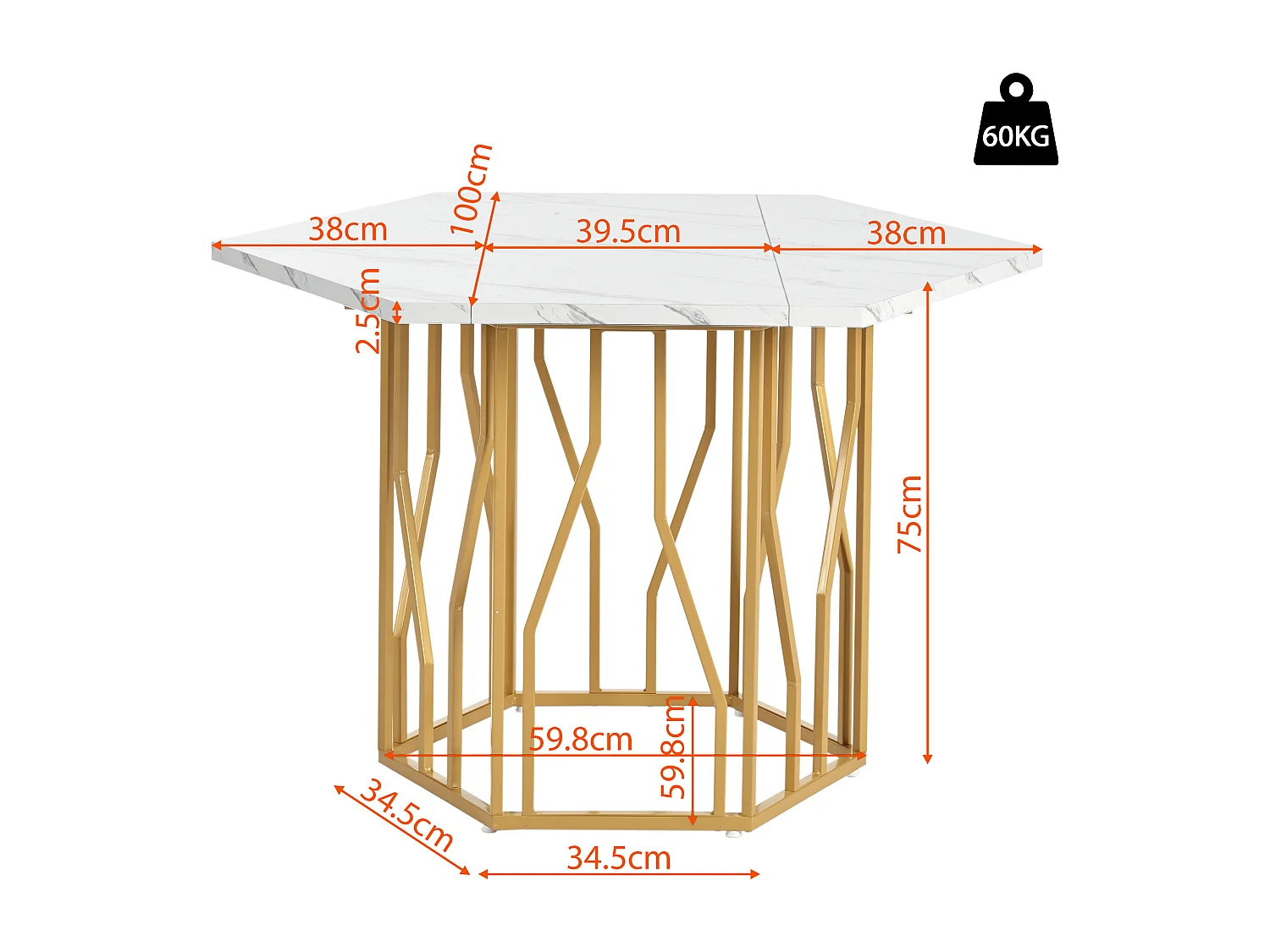 Conjunto de mesa y sillas de comedor - 115,5 x 100 x 75 cm - 1 mesa hexagonal con patas doradas + 4 sillas - MDF + Acero - dorado + verde