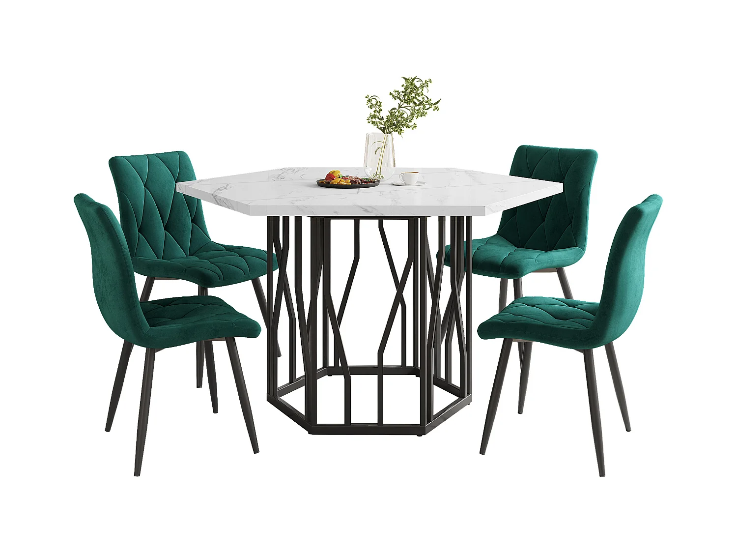 Zestaw stół i krzesła do jadalni - 115,5 x 100 x 75 cm - 1 stół sześciokątny + 4 krzesła - MDF + Stal - zielony