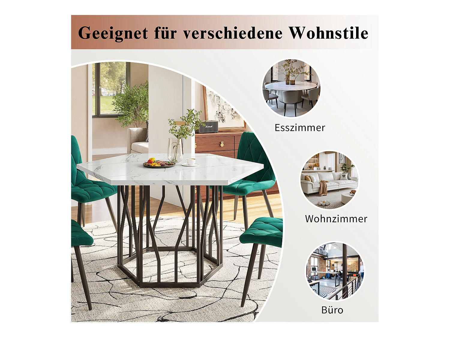 Esstisch- und Stuhlset - 115,5 x 100 x 75 cm - 1 sechseckiger Tisch + 4 Stühle - MDF + Stahl - grün