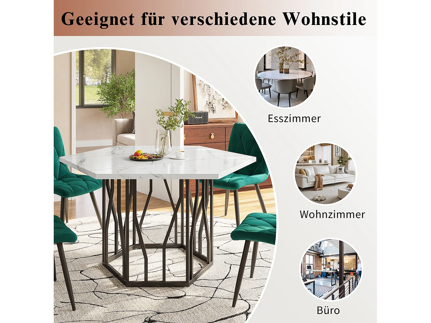 Ensemble table et chaises à manger -  115.5 x 100 x 75 cm - 1 table  hexagonale + 4 chaises - MDF+ Acier - vert