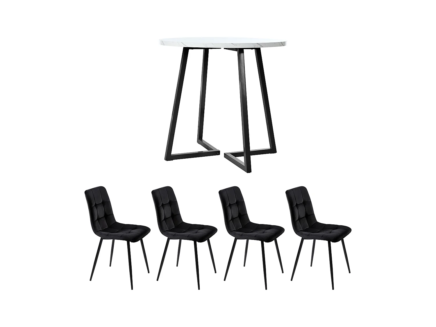 Ensemble de table à manger - 80 x 58.7 x 75 cm - 1 table avec 4 chaises - pieds en métal noir - Velours + métal + MDF - blanc + noir