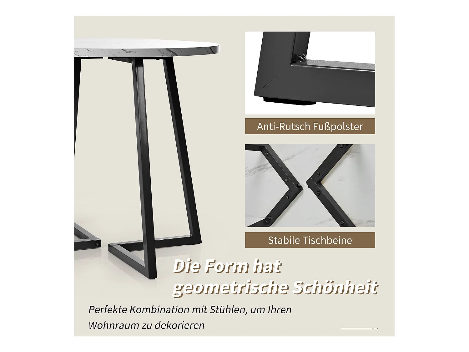 Ensemble de table à manger - 80 x 58.7 x 75 cm - 1 table avec 4 chaises - pieds en métal noir - Velours + métal + MDF - blanc + noir