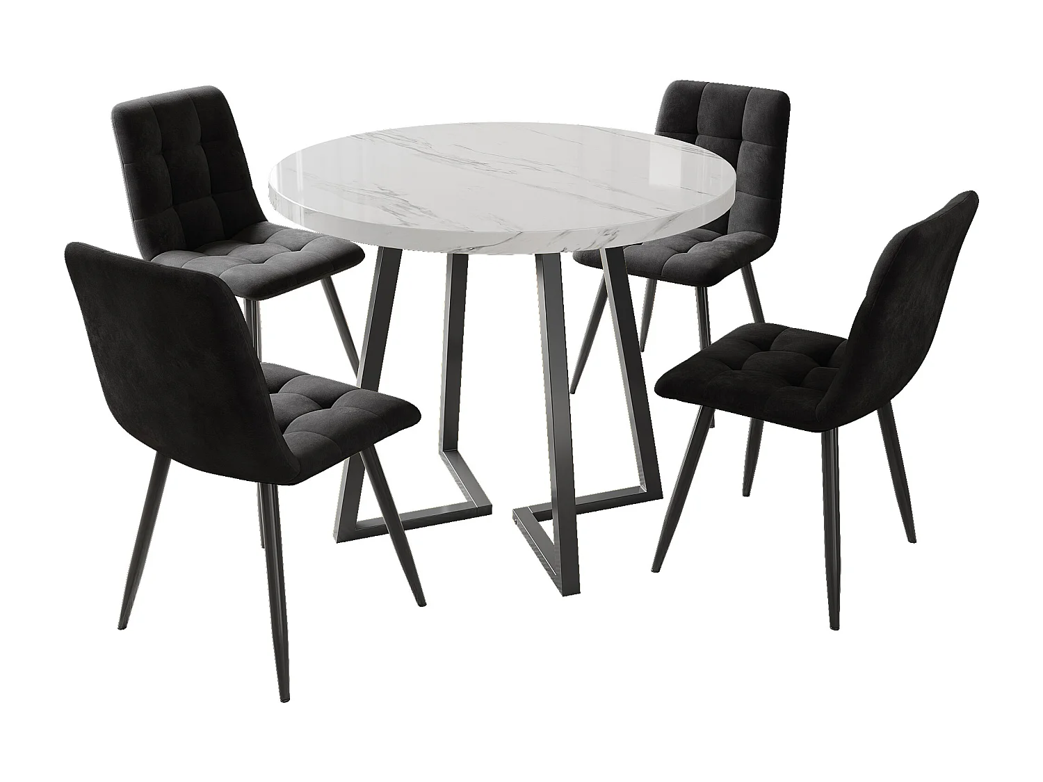 Conjunto de mesa de jantar - 80 x 58,7 x 75 cm - 1 mesa com 4 cadeiras - pés de metal preto - Veludo + metal + MDF - branco + preto
