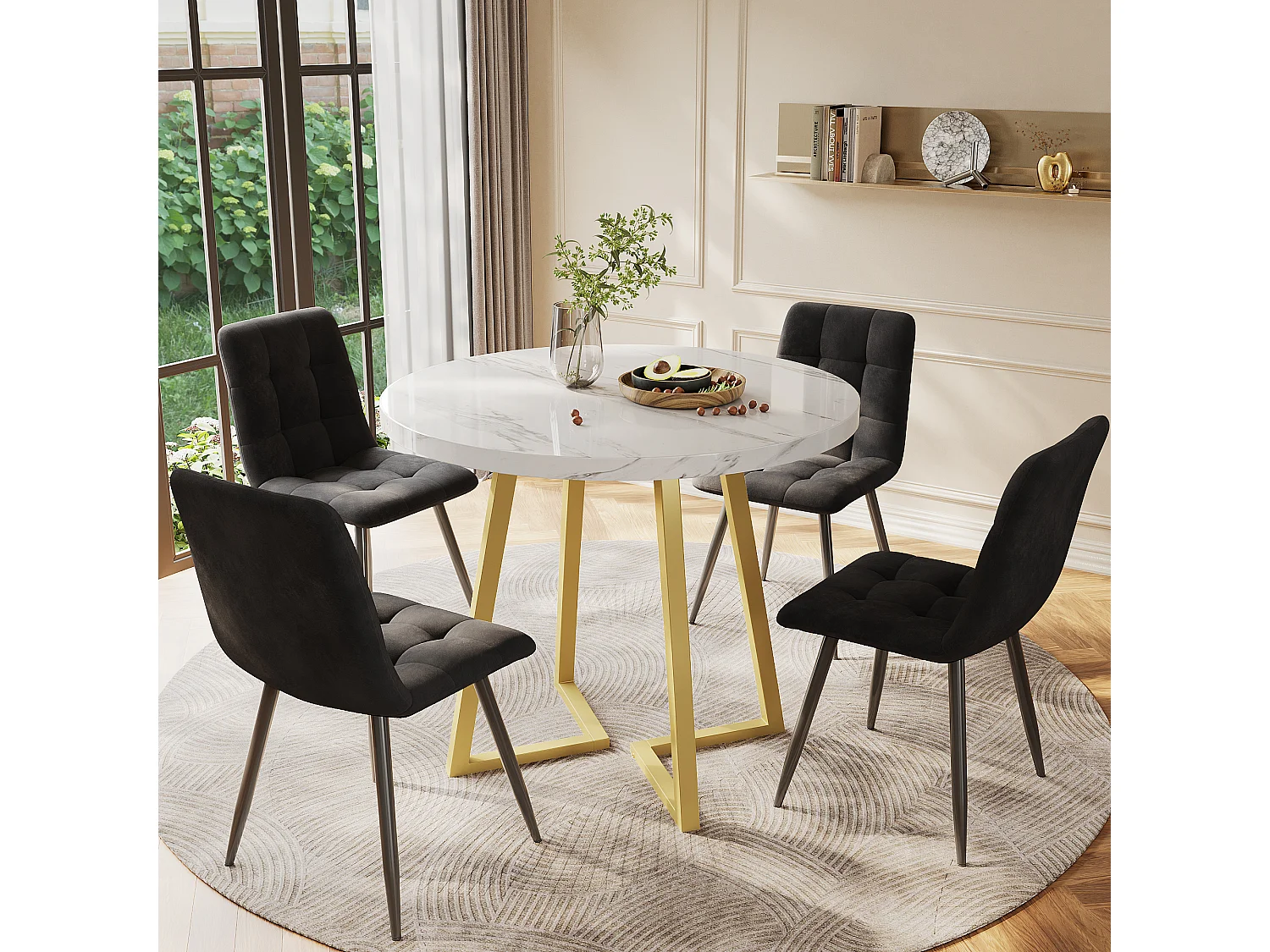 Esstisch-Set - 80 x 58,7 x 75 cm - 1 Tisch mit 4 Stühlen - goldene Metallbeine - Samt + Metall + MDF - weiß + schwarz