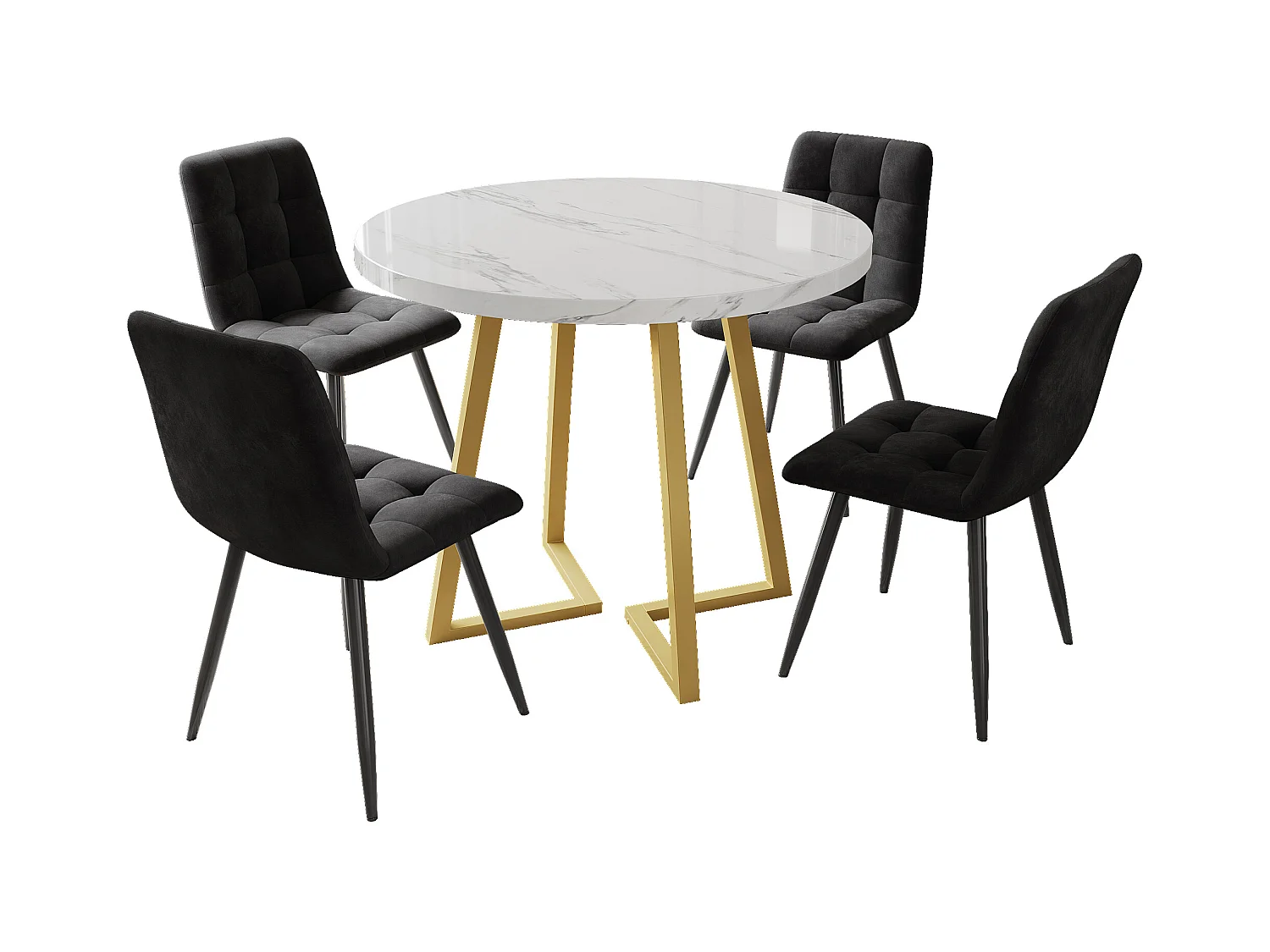 Ensemble de table à manger - 80 x 58.7 x 75 cm - 1 table avec 4 chaises - pieds en métal doré - Velours + métal + MDF - blanc + noir