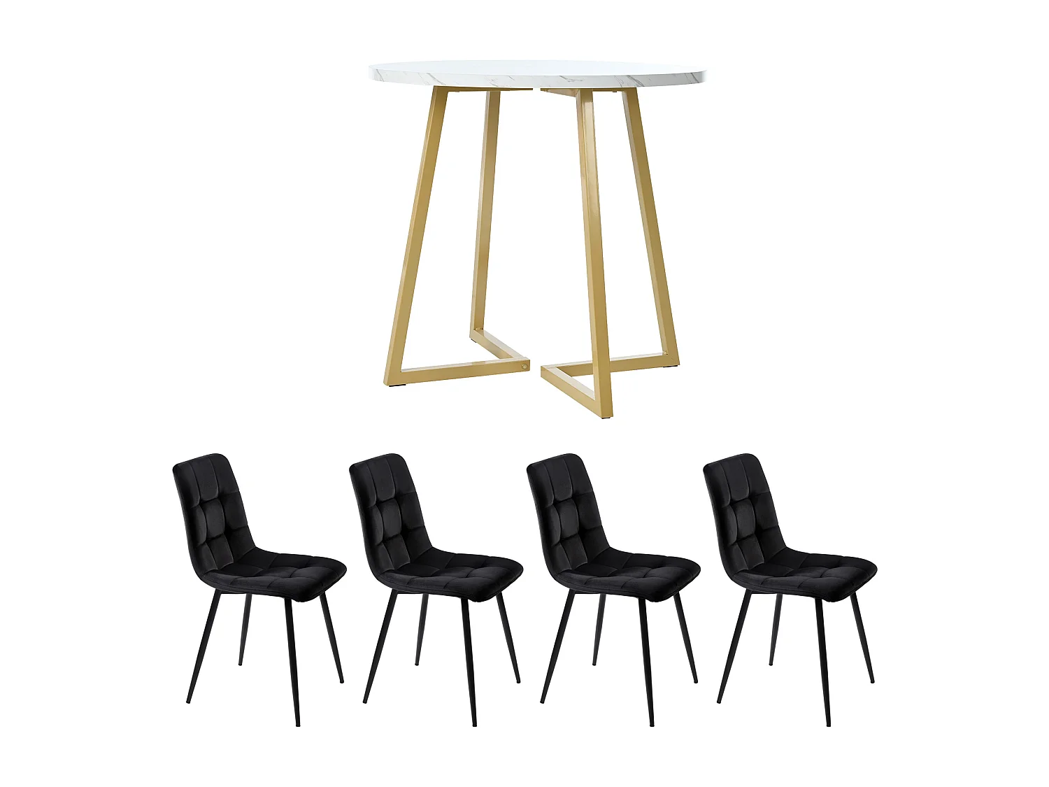 Ensemble de table à manger - 80 x 58.7 x 75 cm - 1 table avec 4 chaises - pieds en métal doré - Velours + métal + MDF - blanc + noir