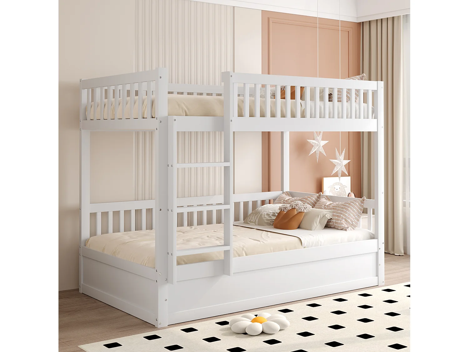 Lit superposé pour enfant - 2 x 90 x 200 cm - avec rangement hydraulique - robuste et durable - Pin + contreplaqué + MDF - blanc