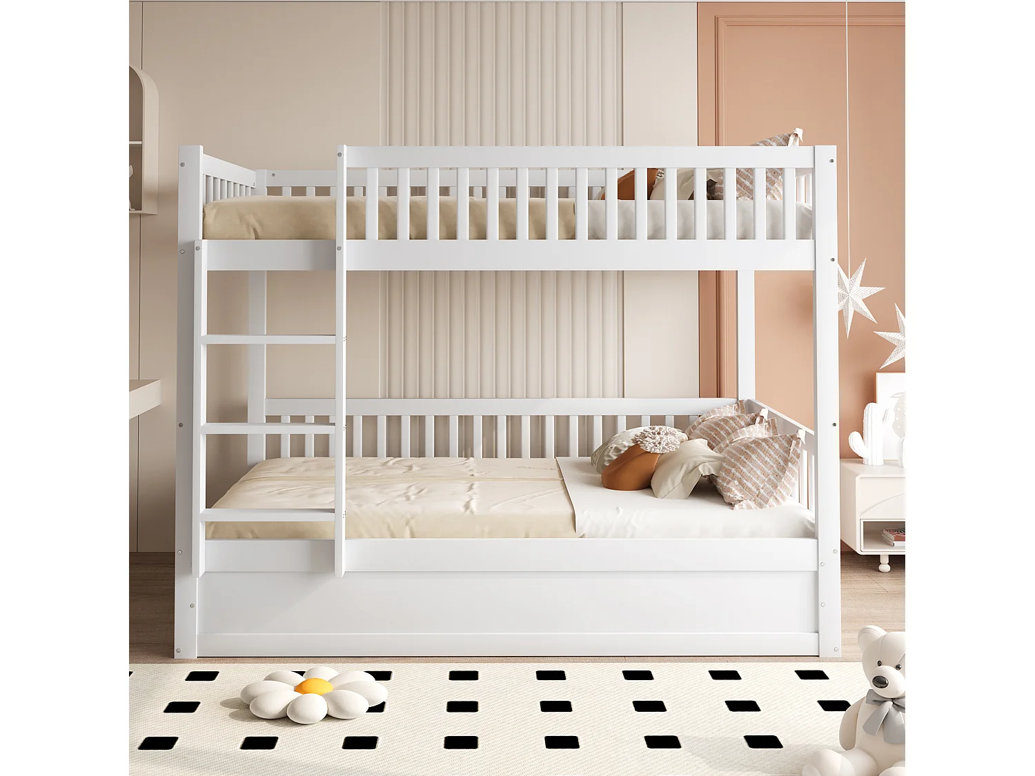 Lit superposé pour enfant - 2 x 90 x 200 cm - avec rangement hydraulique - robuste et durable - Pin + contreplaqué + MDF - blanc