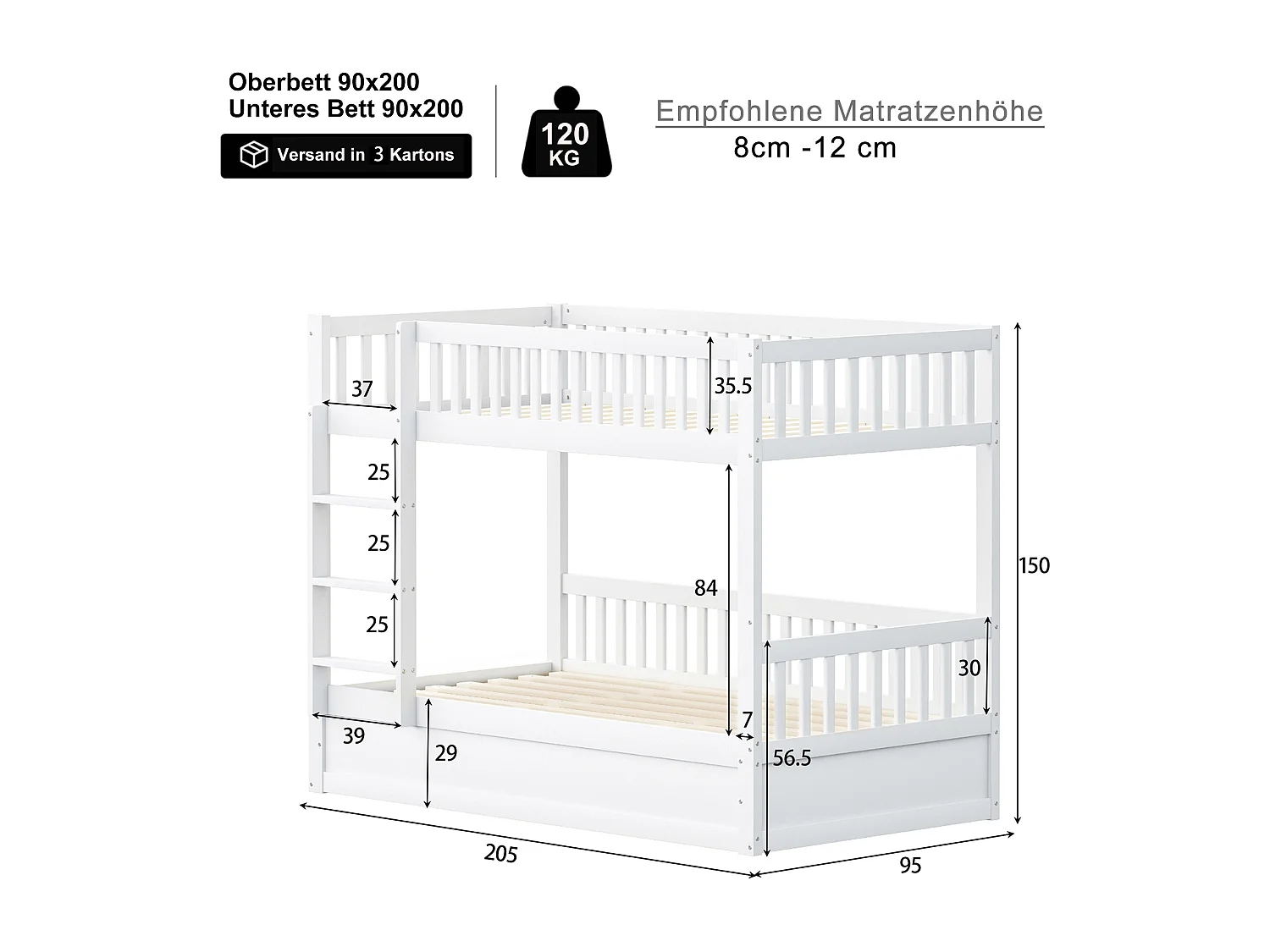Lit superposé pour enfant - 2 x 90 x 200 cm - avec rangement hydraulique - robuste et durable - Pin + contreplaqué + MDF - blanc