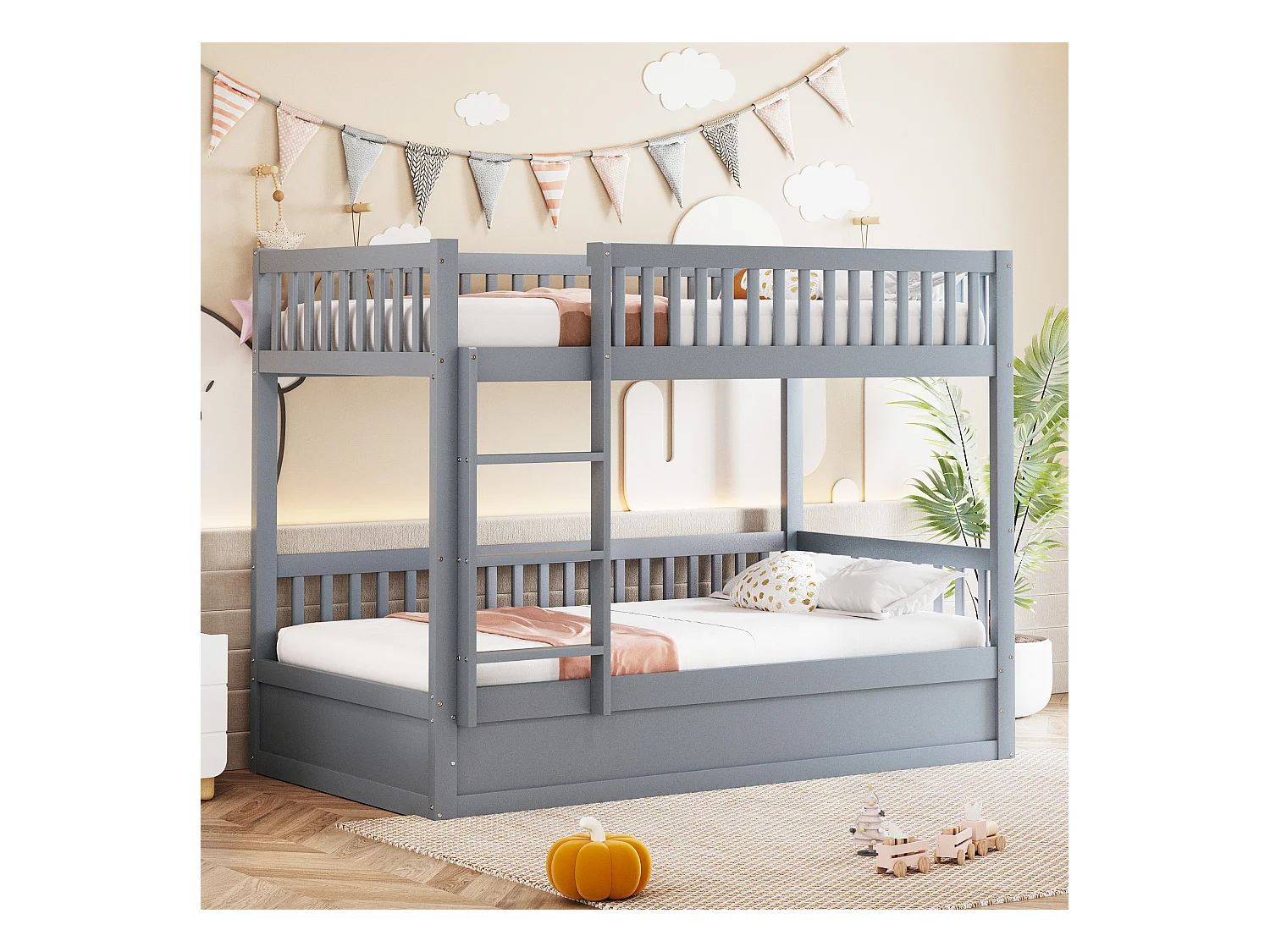 Łóżko piętrowe dla dzieci - 2 x 90 x 200 cm - z hydraulicznym schowkiem - Solidne i trwałe - Sosna + Sklejka + MDF - Szare