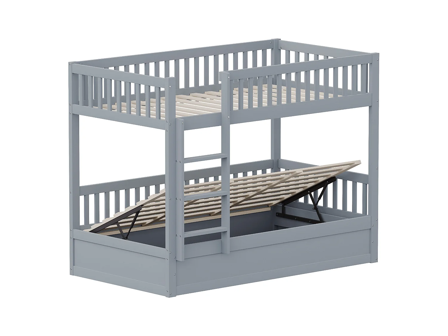 Łóżko piętrowe dla dzieci - 2 x 90 x 200 cm - z hydraulicznym schowkiem - Solidne i trwałe - Sosna + Sklejka + MDF - Szare