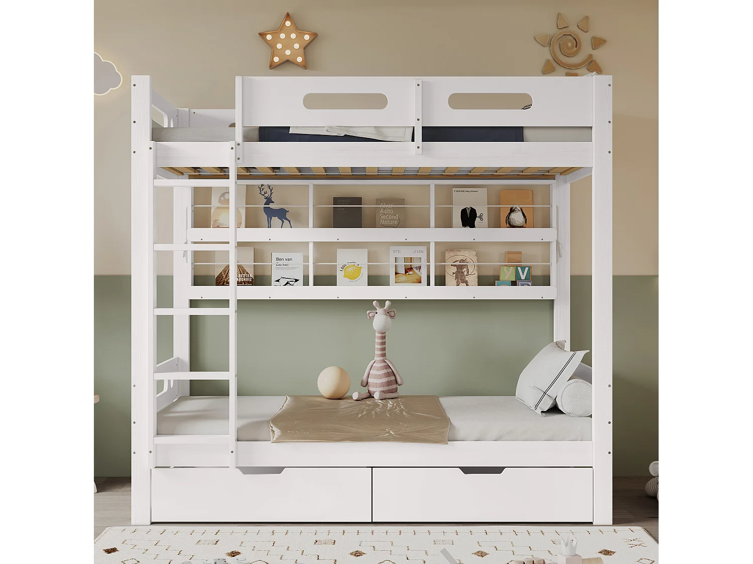 Kinder-Etagenbett – 2 x 90 x 200 cm – mit 2 Schubladen + offenem Stauraum – Kiefernholz + MDF – Weiß