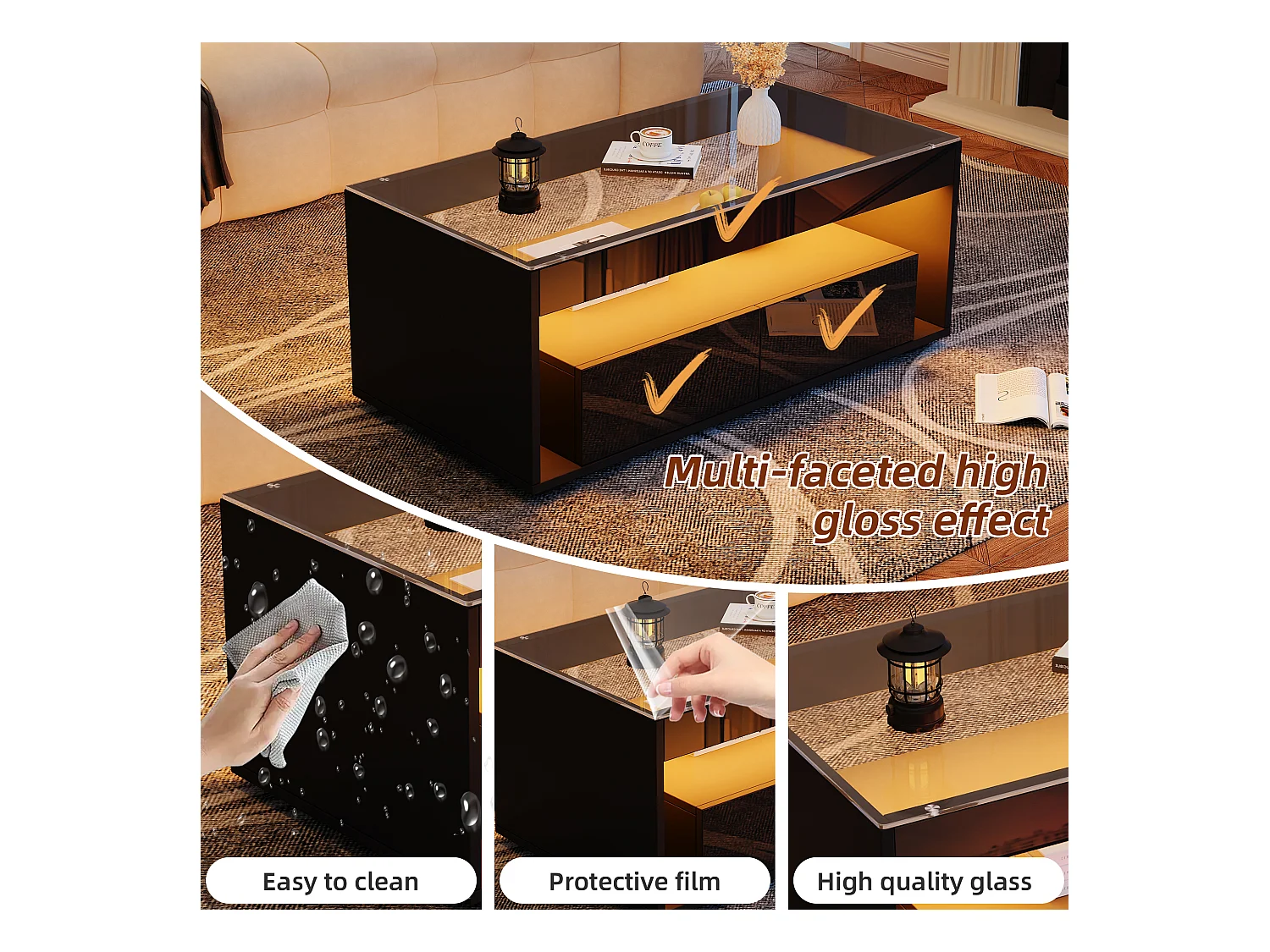 Table basse moderne - 100 x 50 x 40 cm - avec Leds + 2 grands tiroirs - Aggloméré + verre trempé - noir