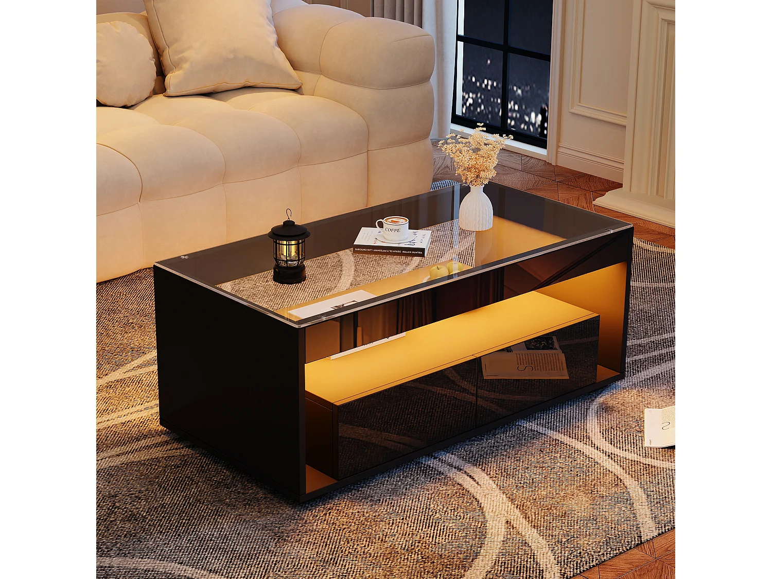 Table basse moderne - 100 x 50 x 40 cm - avec Leds + 2 grands tiroirs - Aggloméré + verre trempé - noir